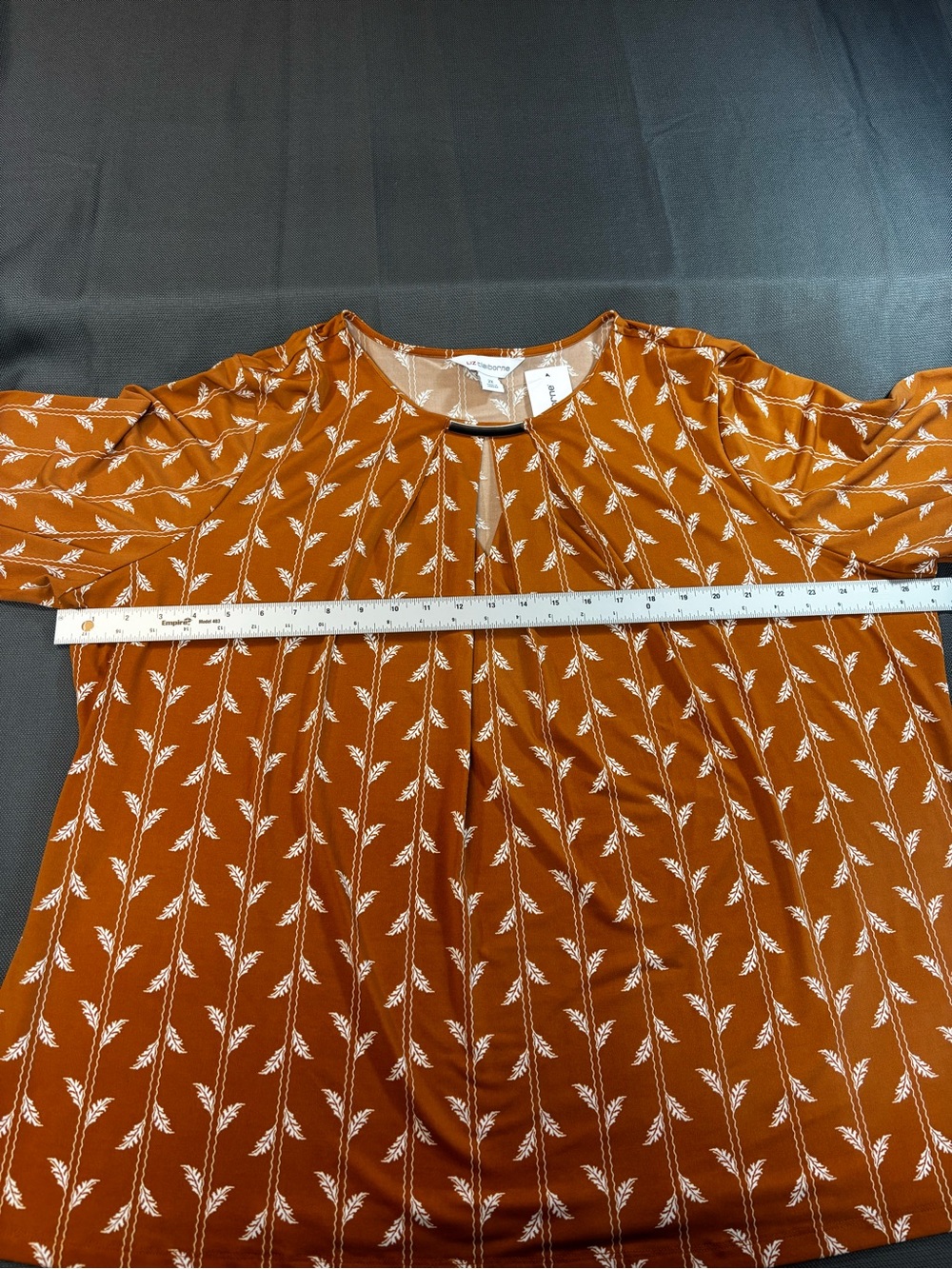 Liz Claiborne Women's Rust orange Patterned U-ring Keyhole 3/4 sleeve Top 2XL - Picture 2 of 6